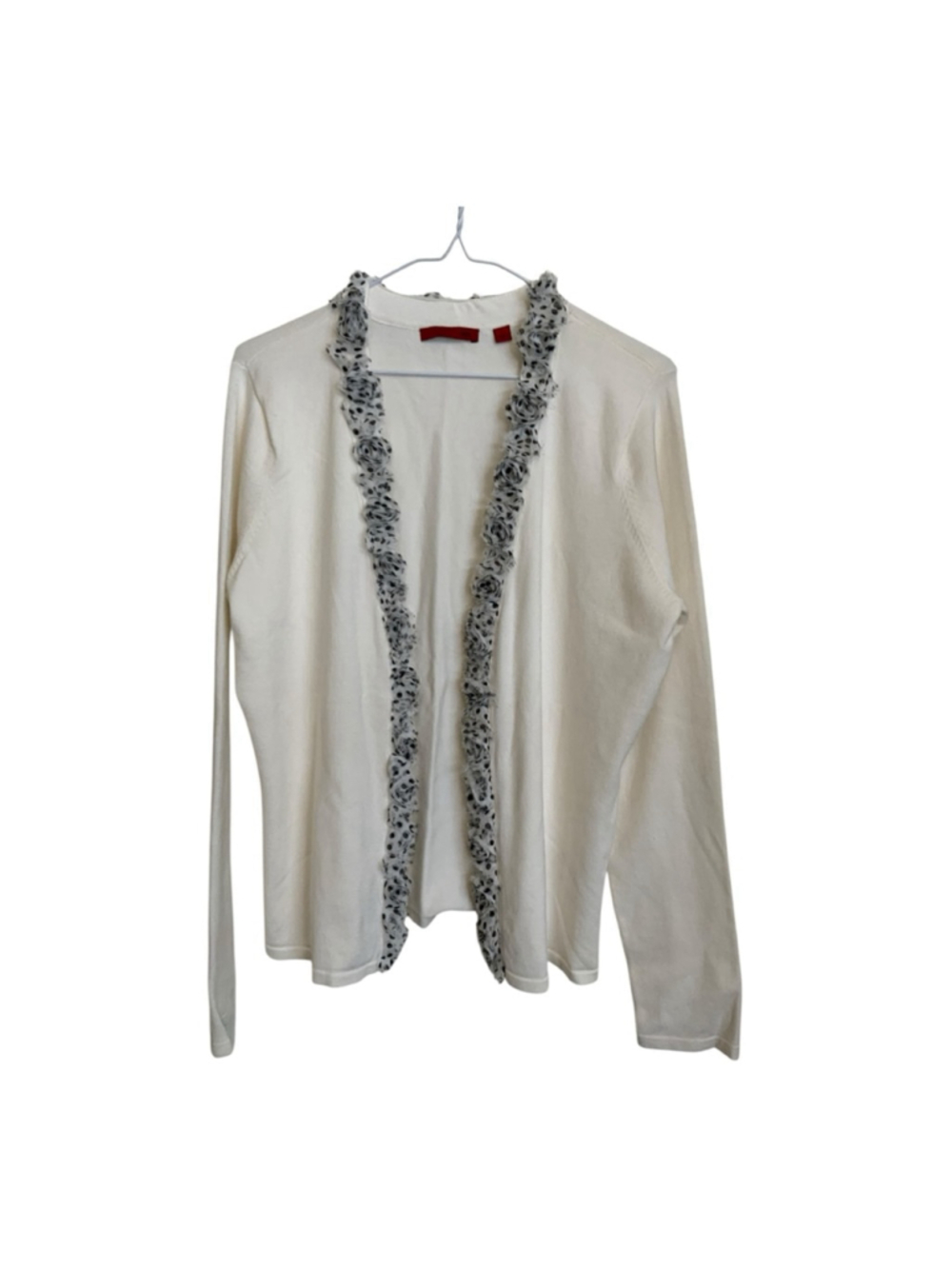 RED Brand White Cardigan Black Ruffle Trim Large